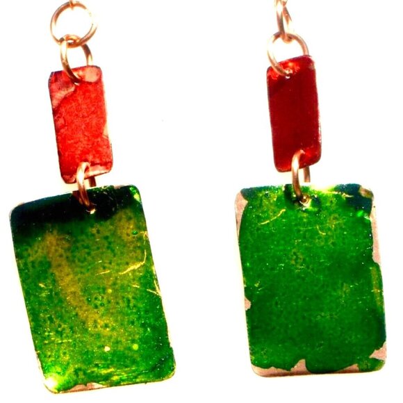 Green Red Geometric Pure Copper Handmade Earrings Abstract Hand Painted Drop - Picture 1 of 8